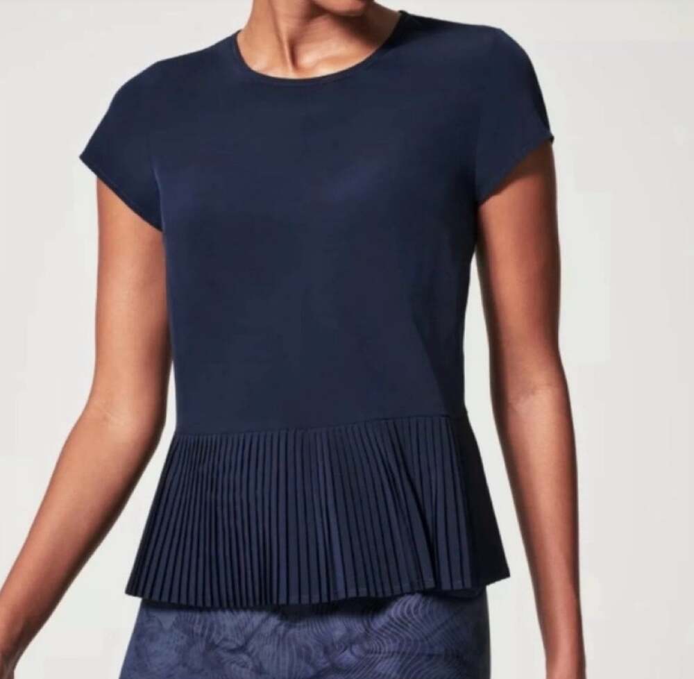 SPANX Yes Pleats! Blouse Size Medium Pleated Crewneck Top Navy Blue